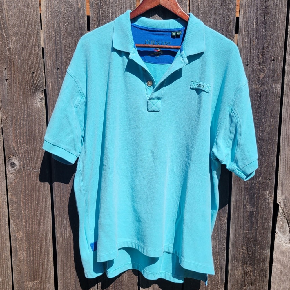 Orvis Mens XL Light Blue Cotton Pique Short Sleeve Polo Shirt Fishing Outdoor